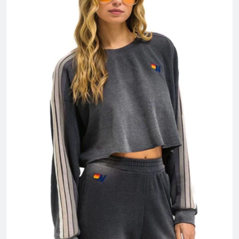 Aviator Nation CLASSIC STRIPE CROPPED CREW SWEATSHIRT RELAXED - FADED SMOKE - Picture 1 of 10